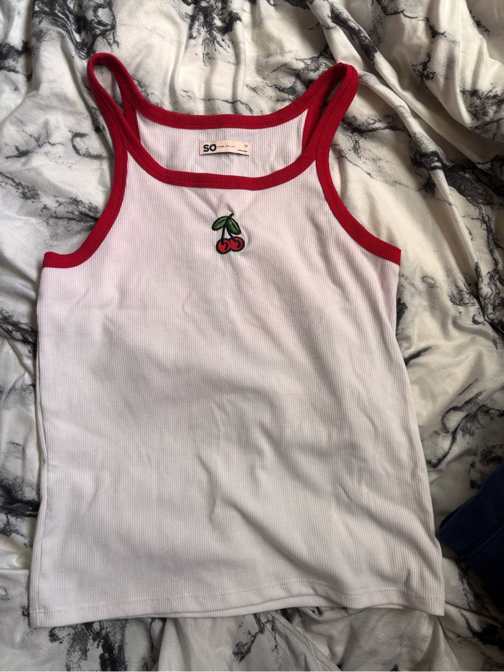 SO White Tank Top with Red Trim and Cherry Patch